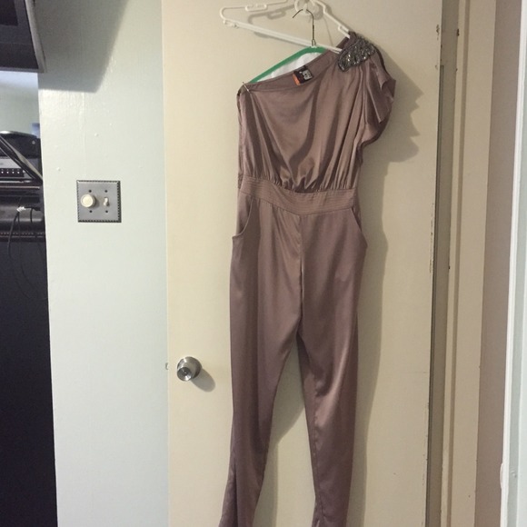 Silky long jumpsuit with beaded shoulder detail