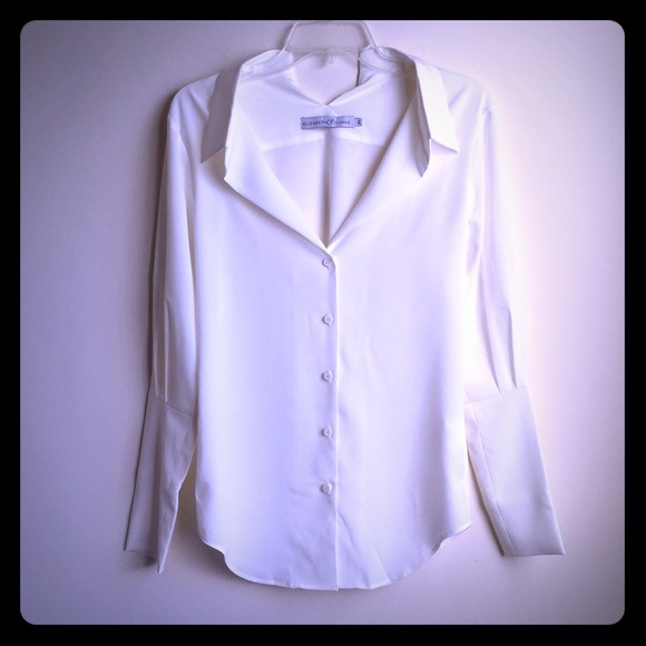 Tops - Split Collar Off White Silk Like Blouse