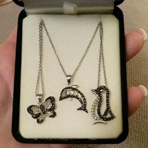 3 Silver and black stone "diamond-like" necklaces