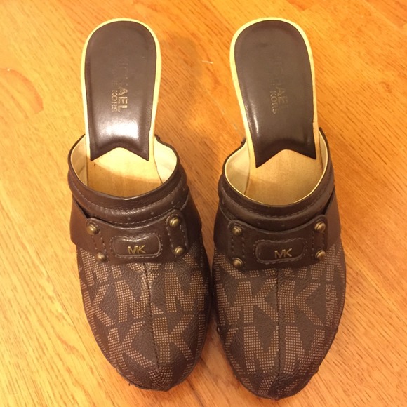 Michael Kors brown monogram slip on heels