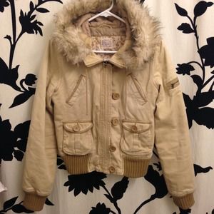 A&F khaki jacket with faux fur hood sz M