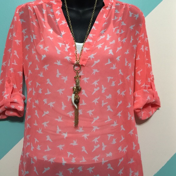 Coral sheer top w/ white hummingbirds