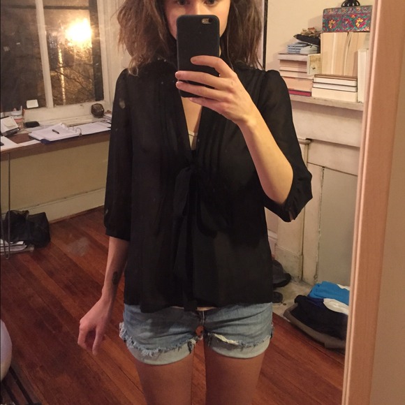 Cute sheer button up blouse with ties!