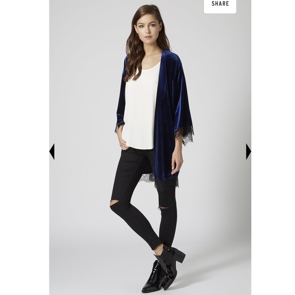 Topshop Petite Velvet Lace Kimono Midnight Blue - Picture 2 of 4