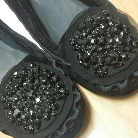 SOLD "Vera Wang" Black Jewels Suede Flats - Picture 2 of 4