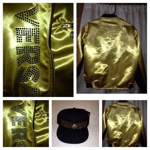 Versace bomber jacket and SnapBack hat
