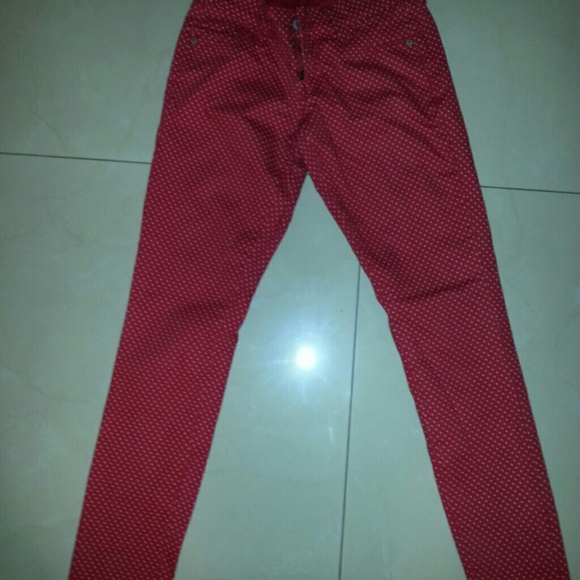 Polka dot red skinny jeans