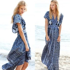 Navy Printed Silk Maxi Dress