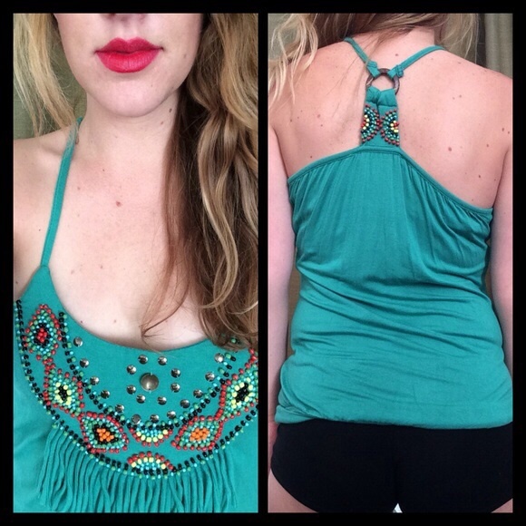 Fringe Beaded Turquoise Halter - Picture 3 of 5