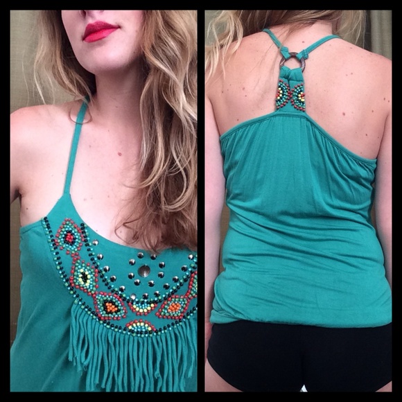 Fringe Beaded Turquoise Halter - Picture 4 of 5