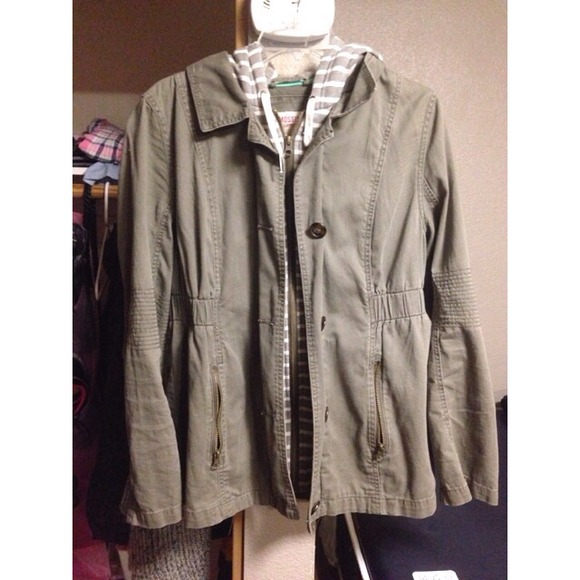 Military Jacket Cinched waist striped and hooded