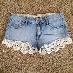 Roxy denim shorts with lace trim
