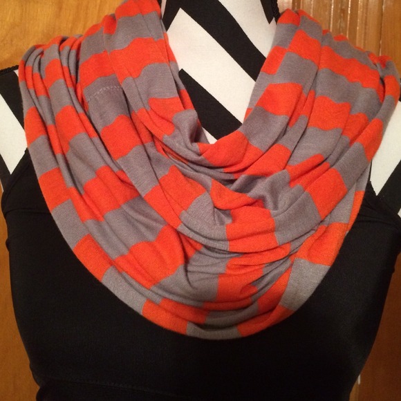 Grey and orange striped infinity scarf
