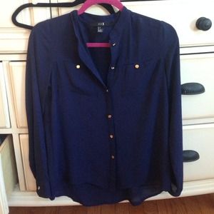 Sheer flowy navy gold button down top