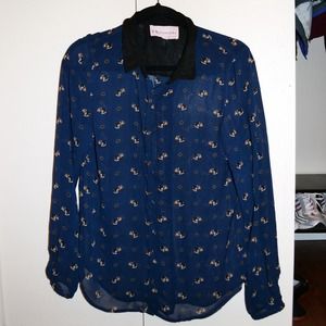 Navy Dog print sheer blouse