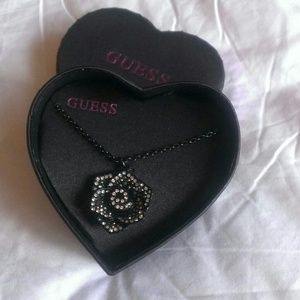Guess Black Rose Rhinestone Goth Necklace