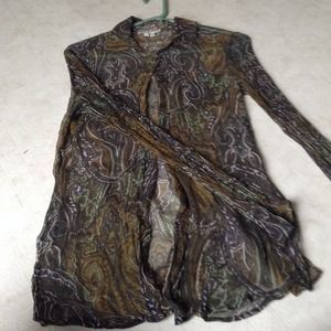 Olive green sheer button up with pattern