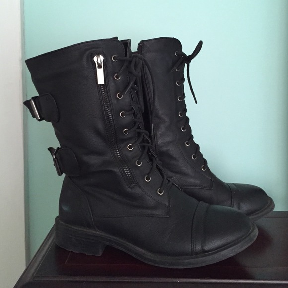 Black Vegan Leather Combat Boots With Laces