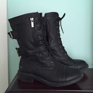 Black Vegan Leather Combat Boots With Laces