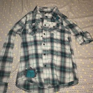 Worn twice. Sinful flannel with decals