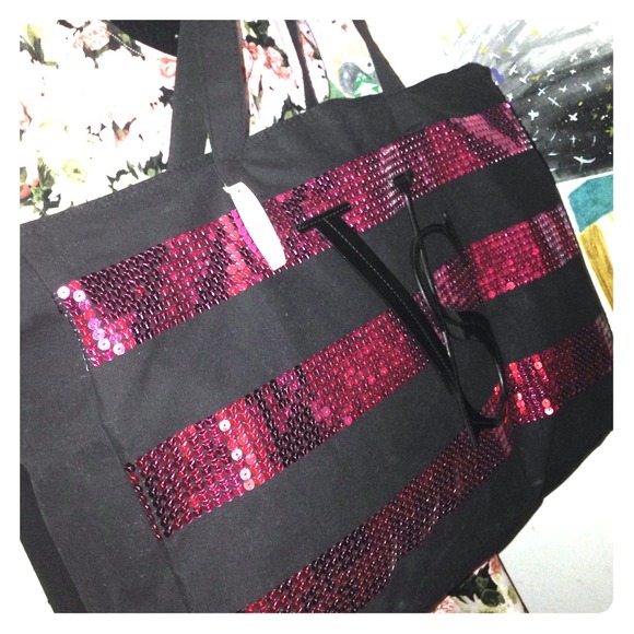 NWT Black & Pink Sequined Victoria's Secret Tote