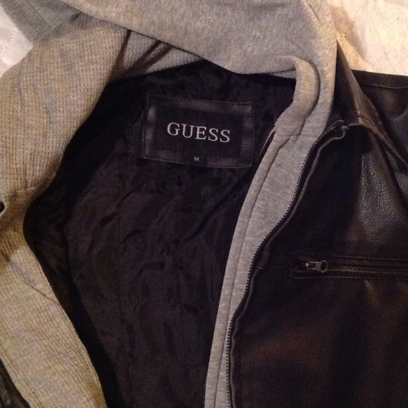 MEN'S- GUESS Brand Leather Jacket w/hood - Picture 2 of 4
