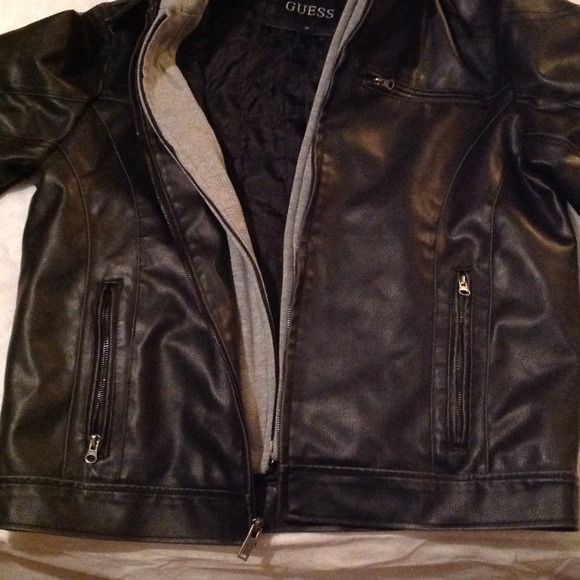 MEN'S- GUESS Brand Leather Jacket w/hood - Picture 3 of 4