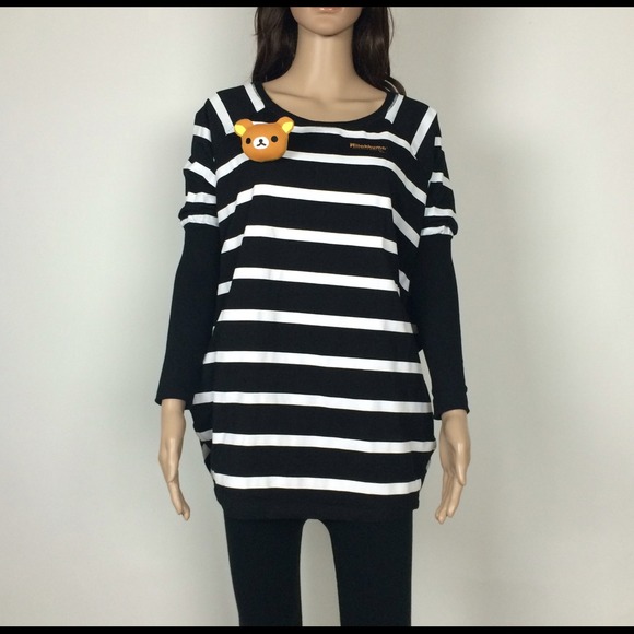 Korean style stripe blouse with bear brooch