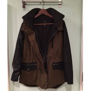 Mixed media olive parka with faux leather sleeves