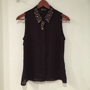 Black button up tank with jeweled collar