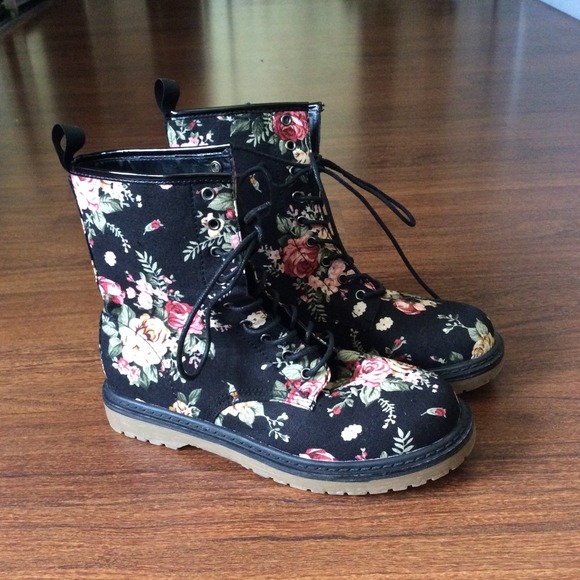 The Wild Diva Boots - New Black Floral Combat Boots