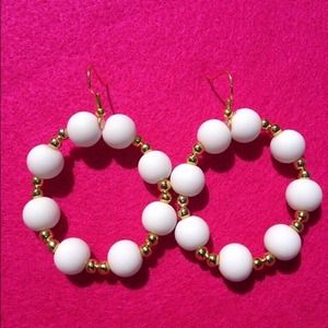 Handcrafted white and gold beaded hoops