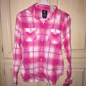 Pink, orange & white American Eagle plaid flannel