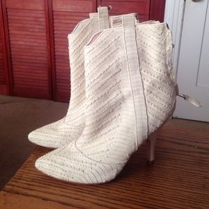 Beige Leather Heeled Booties