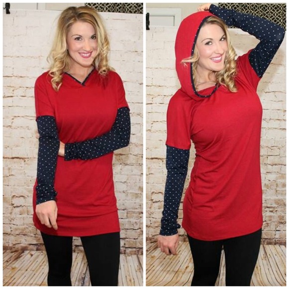 🆕 Red Hoodie Tunic Dress with Polka Dot Accents