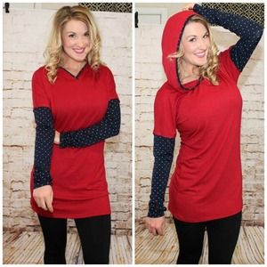 🆕 Red Hoodie Tunic Dress with Polka Dot Accents