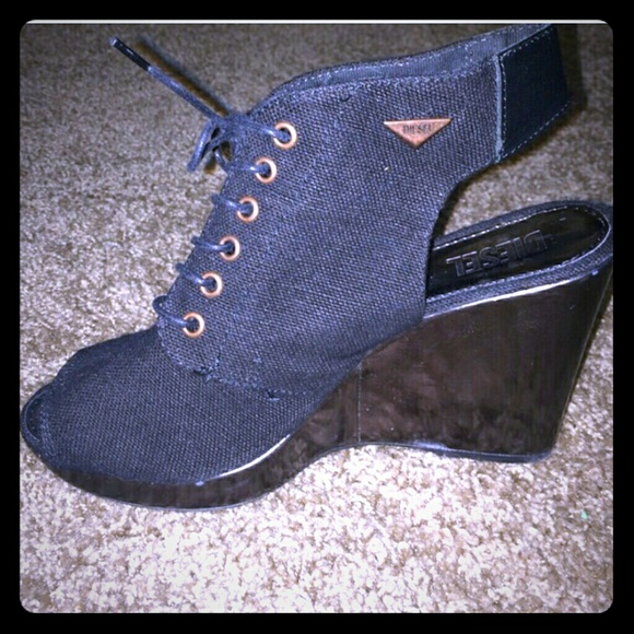 Diesel lace up navy canvas wedge