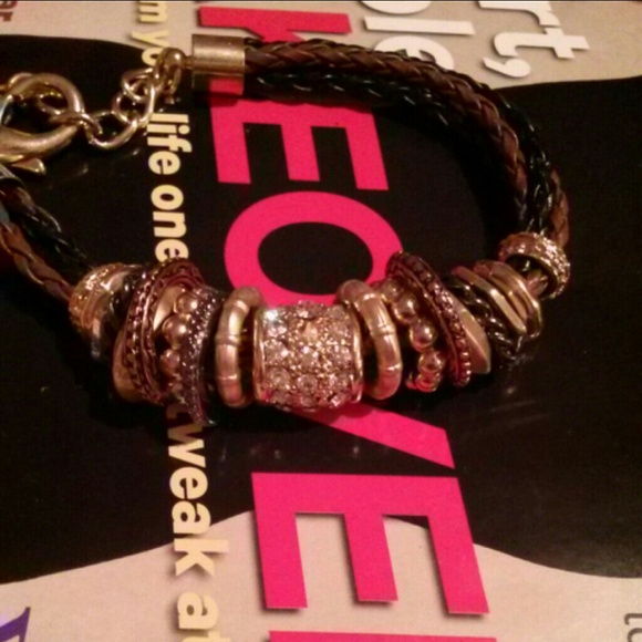 New York & Company Jewelry - Leather braided rhinestone bracelet