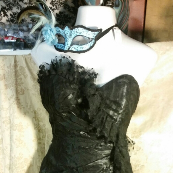 Black Lacey Strapless Dress W/Blue Mascerade mask.