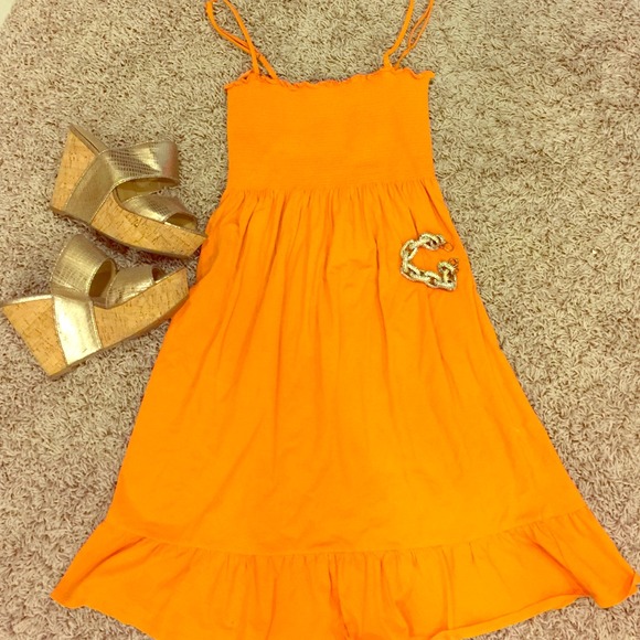 Orange Loft dress with ruffles, spaghetti strap