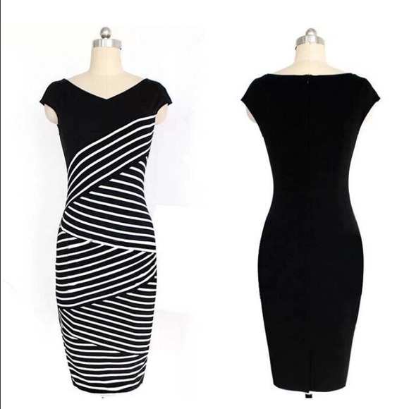 Black & White Diagonal Color Block Pencil Dress