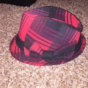 Red and black plaid fedora