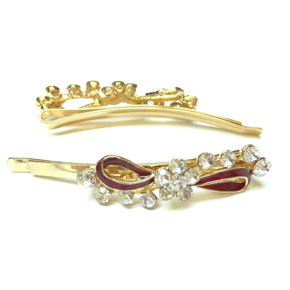 🌼Pair of red hairpins with rhinestones & glaze🌼 - Picture 1 of 2