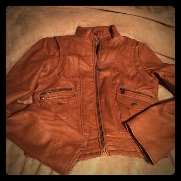Camel colored faux leather jacket by guess