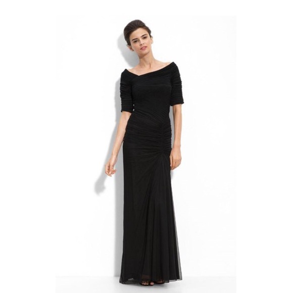 Tadashi Shoji Black Ruched Evening Gown