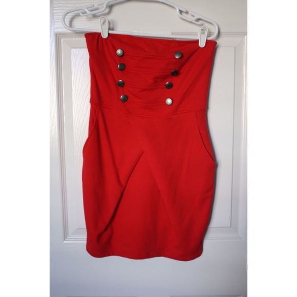Red strapless dress with pockets!