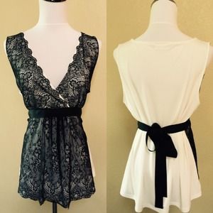 Arden B V-Neck Lace Tank with Ribbon Tie
