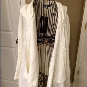 White knit long cardigan sweater w/hood