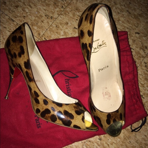 Christian louboutin leopard patent peep toe pumps