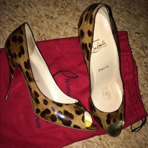 Christian louboutin leopard patent peep toe pumps